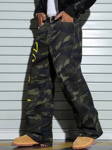 PAVTROS Autumn/Winter Street Camo Wide Leg Floral Letter Print Jeans Camo Pants With Writing Graphic Baggy Jeans Baggy Camo Pants Men