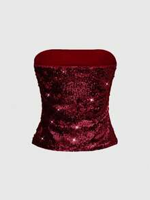 ROMWE Avant Spring/Summer Party Women's Solid Color Pleated Glamorous Fashion Sequin Embellished Bandeau Top - Burgundy - View 2