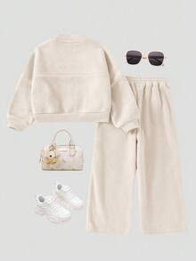 SHEIN 女童休闲针织蓬松纯色立领长袖卫衣套装，适合休闲、聚会、上学、秋冬季穿着。 - 米色 - 查看 3