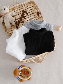 3pcs/Set Infant Boys' Casual All-Match Turtleneck Ribbed Texture Long Sleeve Rompers, Autumn/Winter - Multicolor - View 3