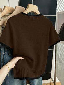 SHEIN Franclia 新款夏季简约个性拼接撞色优雅针织女式上衣 - 巧克力棕 - 查看 2