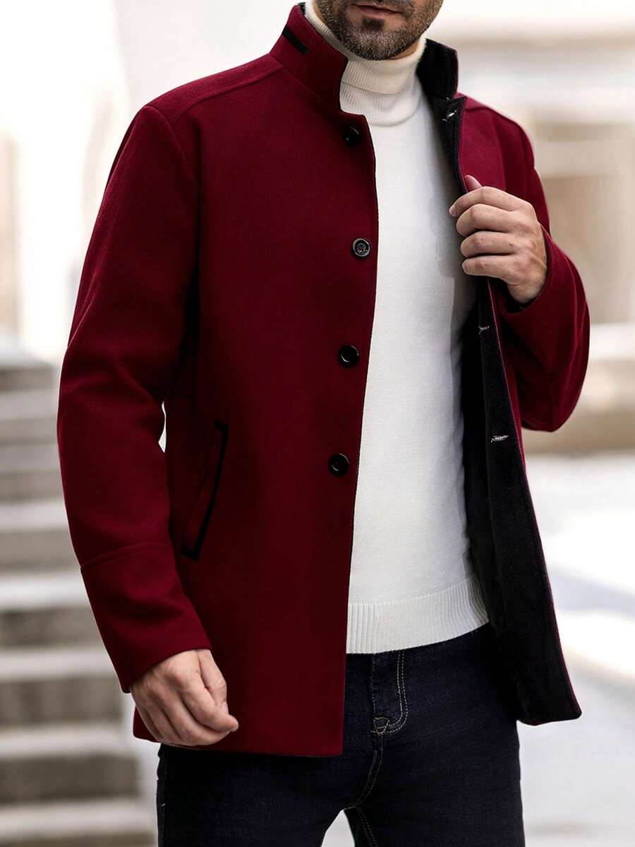 Manfinity Homme 男士休闲单排扣立领羊毛混纺大衣，秋冬款 - 酒紅色 - 查看 1