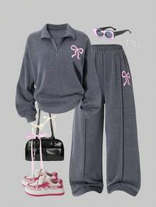 SHEIN ChillGRL 青少年女孩休闲拉链半开胸长袖连帽衫搭配宽松直筒裤套装，适合日常穿着、通勤和校园 - 深灰色 - 查看 7