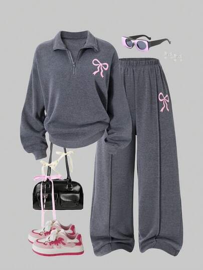 SHEIN ChillGRL 青少年女孩休闲拉链半开胸长袖连帽衫搭配宽松直筒裤套装，适合日常穿着、通勤和校园