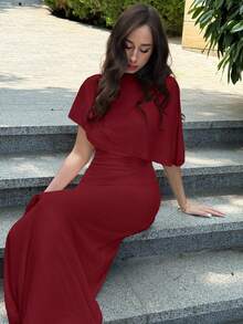 Aloruh Elegant Minimalist Commuter Fashion Elastic Waist Design Multilayer Ruffle Waist Ruffle Flattering Long Dress, Suitable For Work, Date, Vacation Red Elegant Dress Women - Red - View 7