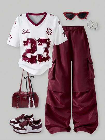 SHEIN 2pcs/Set Tween Girls' American Raglan Sleeve Patchwork Graphic T-Shirt And Cargo Pants, HYPEME Tween Girl