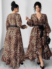 Cravure Plus Size Women Sexy Waist Belt Leopard Print High Slit Ruffle Hem Long Sleeve Dress - Khaki - View 1