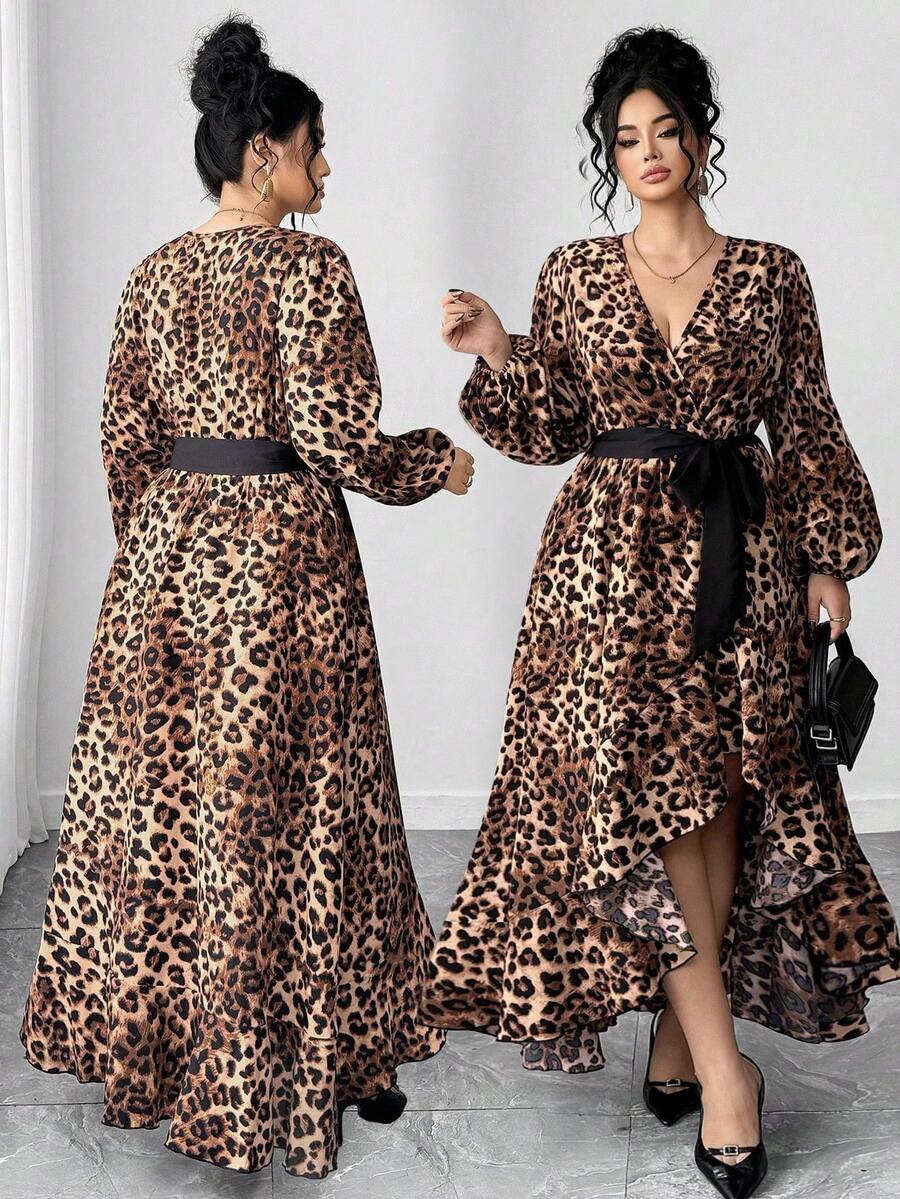 Cravure Plus Size Women Sexy Waist Belt Leopard Print High Slit Ruffle Hem Long Sleeve Dress - Khaki - View 1