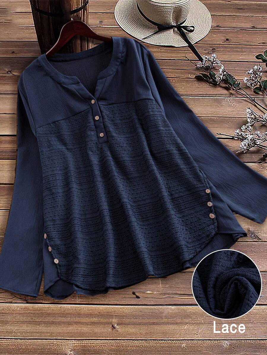 EMERY ROSE Áo sơ mi ren chắp vá cỡ lớn dành cho nữ - Màu xanh hải quân - Xem 1