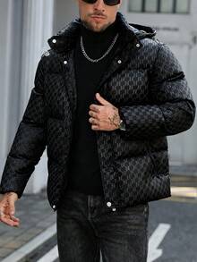 Manfinity CasualCool 男士几何图案拉链休闲连帽冬季外套 - 黑色 - 查看 7