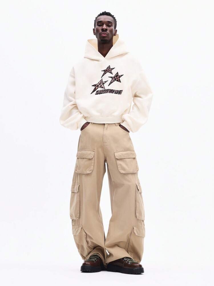 Cream Hoodie With Leopard Star Design