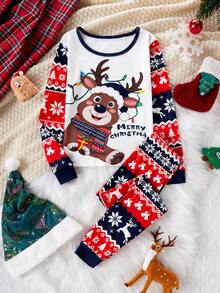 SHEIN 女童可爱驯鹿圣诞印花柔软弹力长袖上衣和裤子两件套睡衣 - 彩色 - 查看 1