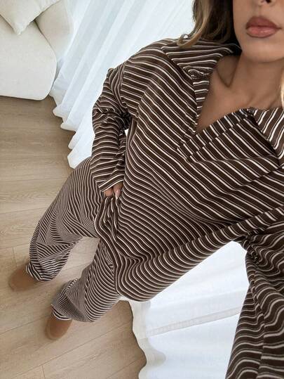 Siren Gaze Women's 2pcs Set Loose Striped V-Neck Drop Shoulder Long Sleeve T-Shirt &Elastic Waist Striped Pants, Winter Sweater Suit ,Autumn/Winter, Brown, Casual Sets For Women, New Year Clothes, Christmas Pajamas, New Year Pajamas, Family Christmas Matching Pajamas Set, Casual Sets For Women Brown Two Piece Set Women