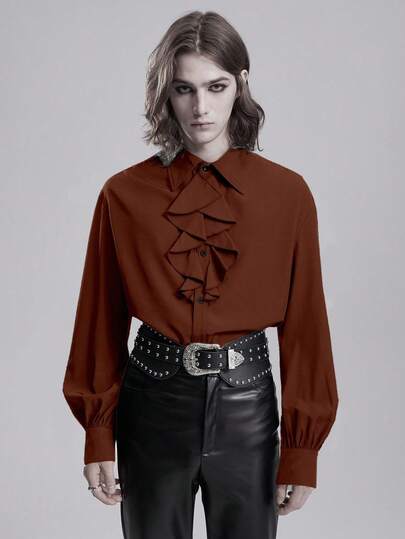 Men's Solid Color Minimalist Casual Gothic Long Sleeve Shirt With Ruffle Trim