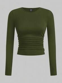 SHEIN EZwear 女士纯色简约圆领长袖修身T恤 - 軍綠色 - 查看 4