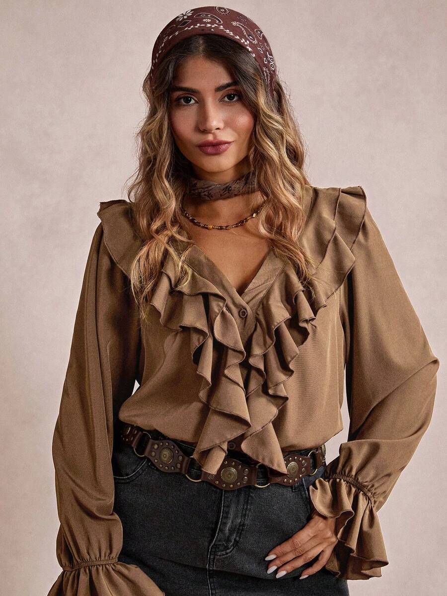 Freevana Áo sơ mi trơn màu trơn cỡ lớn viền bèo nhún - Màu Khaki - Xem 1