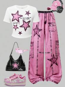 SHEIN ChillGRL Set de 2 piezas con camiseta de cuello redondo con estampado de estrellas y pantalones vaqueros anchos de pierna ancha estampados, outfit casual de verano para chicas adolescentes - Rosa Pálido - Ver 5