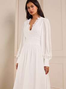 Lilora 女士优雅蕾丝拼接连衣裙，冬季女装，优雅白色长裙，蕾丝长款连衣裙，新年装扮，适合外出穿着。女士白色连衣裙 - 白色 - 查看 8