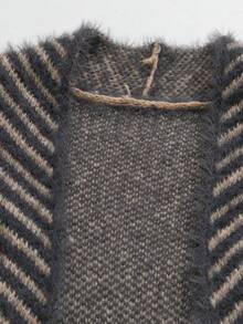 Chiquease 女士休闲宽松条纹落肩长袖针织开衫，秋冬 - 深灰色 - 查看 3