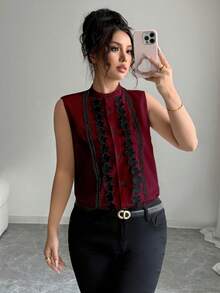 Elenzga Chemise noire ajustée pour femmes avec décoration en dentelle sans manches, taille standard - Rouge foncé - Voir 3