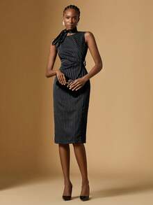 Briarwyn 女士条纹印花褶皱修身无袖连衣裙 - 黑色 - 查看 6