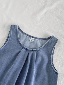 Vintaside Kids Girls Sleeveless Denim Style Round Neck Tank Top And Pants 2-Piece Set, Slim Fit, Suitable For Outings, School, Gatherings, Parties, And Casual Daily Wear