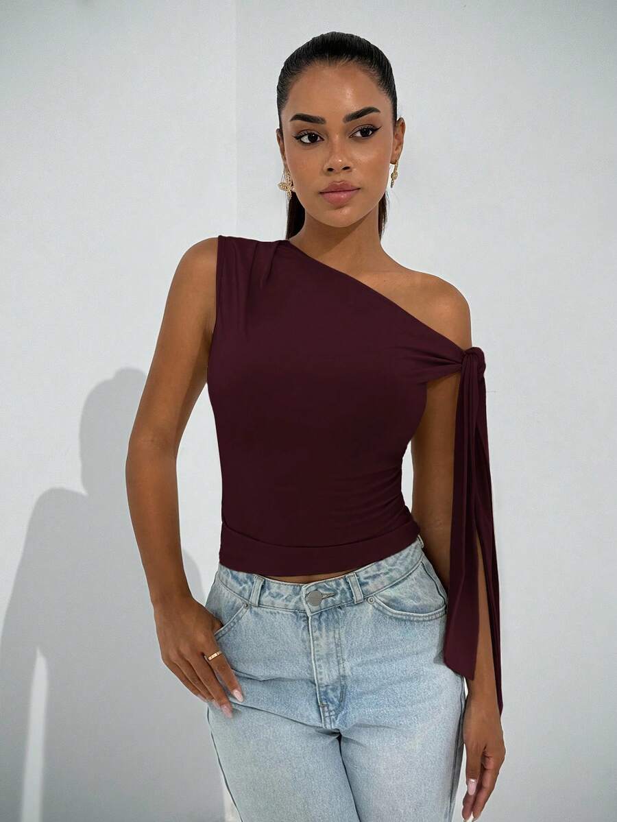 SHEIN BAE Elegant Women's Asymmetric Collar Oblique Shoulder Tie Strap Blouse, Suitable For Daily Dates, Outings, Nightclub, Party Gatherings, Club Women Outfits - Maroon - View 1