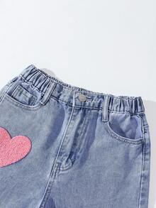 SHEIN ChillGRL Tween Girl 复古彩色刺绣休闲宽松舒适洗水浅蓝色牛仔阔腿裤 - 中等水洗藍 - 查看 4