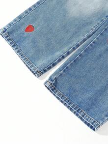 SHEIN ChillGRL Tween Girl Embroidered Casual Straight Leg Washed Denim Jeans Summer Holiday - Medium Wash - View 5