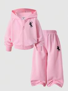 SHEIN ChillGRL 2 件 Streecool 年轻女孩休闲厚针织连帽衫夹克和宽松阔腿裤套装，骑马运动图案印花装饰，适合休闲运动 - 粉色 - 查看 4