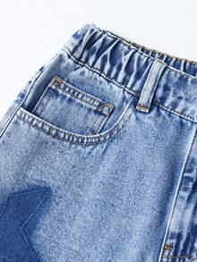 SHEIN ChillGRL Tween Girl' Y2K Streetwear Chic Acid Washed Distressed Blue Star Embroidery Elastic Waist Loose Denim Shorts, School, Campus, College - Light Wash - View 5