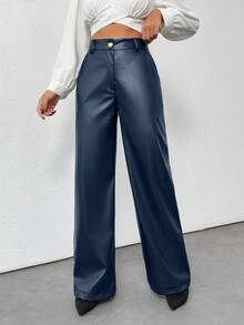 EURMUSE Gold Button Detailed Straight Fit Leather Pants - Navy Blue - View 6