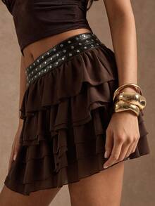 SHEIN BAE Váy dự tiệc/club kiểu phương Tây màu nâu đính đá thời trang dành cho nữ mùa Thu/Đông, váy xòe, váy đi club, váy casual cho năm mới, váy đi chơi. - Cà phê nâu - Xem 7