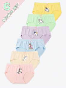 女童内裤六件套 - 彩虹独角兽印花三角裤，可爱独角兽卡通图案设计，粉色、黄色、绿色、紫色、蓝色、米色多色组合，柔软棉质面料，社交媒体风格，梦幻舒适，日常换尿布，假日必备，女童内裤套装