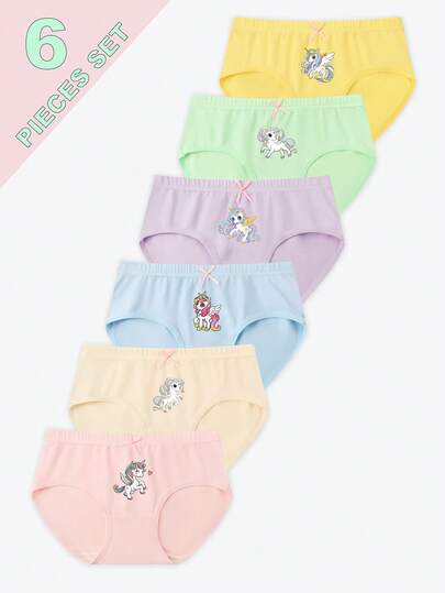 女童内裤六件套 - 彩虹独角兽印花三角裤，可爱独角兽卡通图案设计，粉色、黄色、绿色、紫色、蓝色、米色多色组合，柔软棉质面料，社交媒体风格，梦幻舒适，日常换尿布，假日必备，女童内裤套装