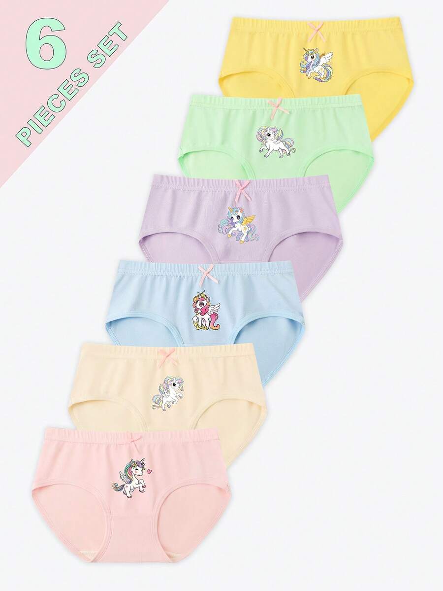 女童内裤六件套 - 彩虹独角兽印花三角裤，可爱独角兽卡通图案设计，粉色、黄色、绿色、紫色、蓝色、米色多色组合，柔软棉质面料，社交媒体风格，梦幻舒适，日常换尿布，假日必备，女童内裤套装