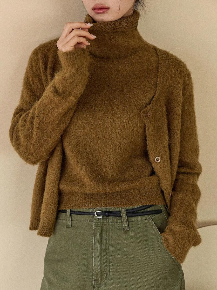 Dazy-Less Bộ 2 áo len cardigan dệt kim dài tay màu trơn và áo len cổ lọ không tay cho nữ, mùa thu/đông - Cà phê nâu - Xem 1