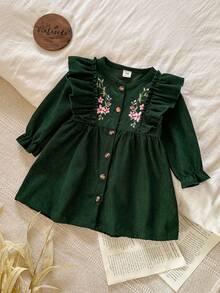 SHEIN 女婴休闲刺绣连衣裙，春秋季款，优雅森系风格 - 綠色 - 查看 3