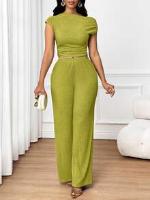 SHEIN Lady Women's Solid Color Ruched Asymmetric Neck Top And Wide Leg Pants Fashion 2-Piece Set Pants Two Piece Set Green Two Piece Set Ribbed Two Piece Set Lime Green Two Piece Comfortable Two Piece Set - Green - View 6