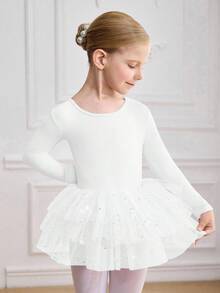 女童长袖芭蕾舞裙，白色网纱泡泡裙儿童舞蹈服运动服