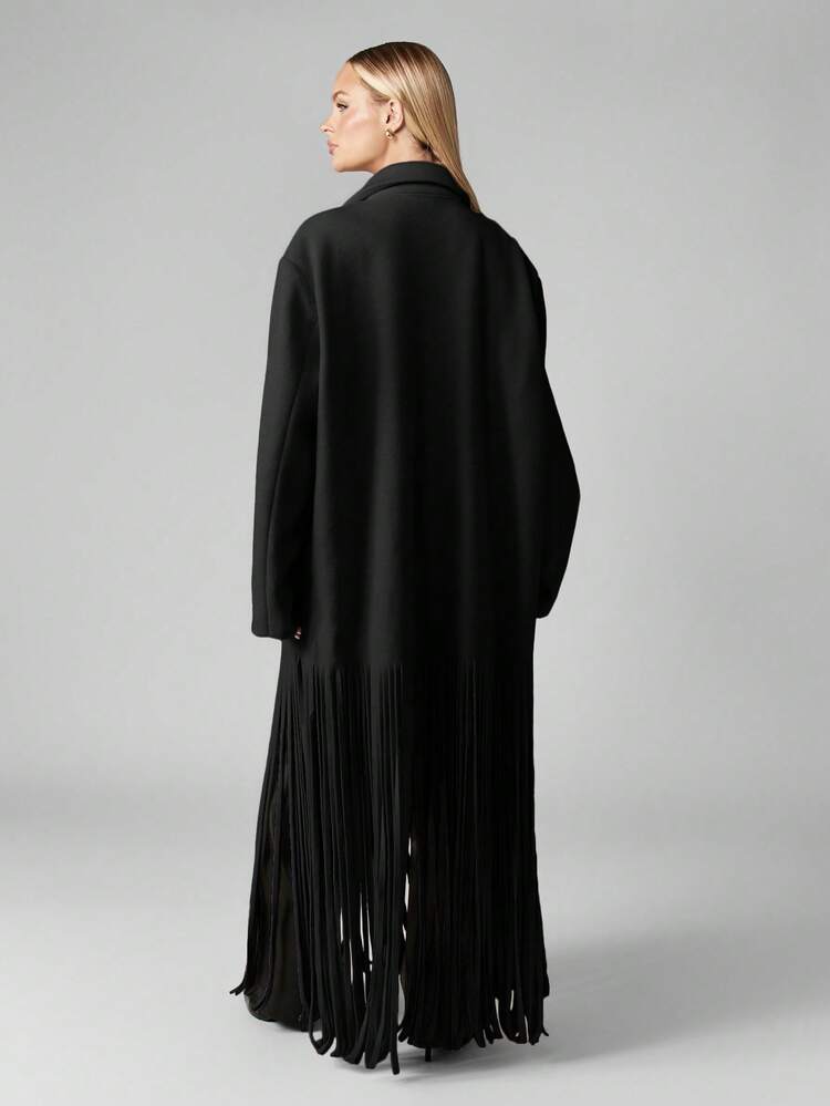 MISSGUIDED Oversized Shoulder Pad Tailored Coat With Fringe Detail Winter Fall Statement Outerwear Long Duster Jacket