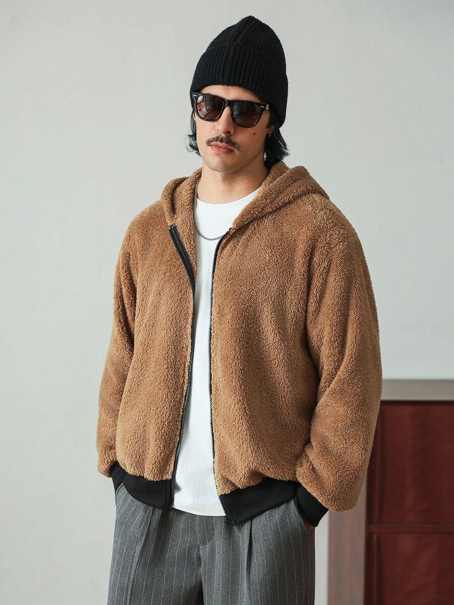 HUEFORM Men's Solid Color Long Sleeve Zip-Up Fleece Hoodie, Autumn/Winter Brown Zip Up Hoodie Men Earthy Clothes Men Men Sweater Jacket - Khaki - View 1