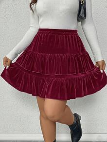 SHEIN Clasi Minifalda casual de terciopelo con dobladillo de volantes de doble capa para tallas grandes - Burdeos - Ver 7