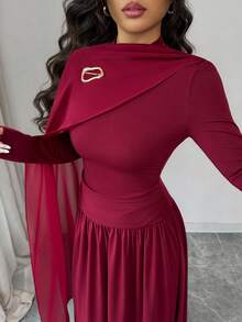 Rafferiza Damen gestricktes, eng anliegendes Kleid mit elastischem Bund und A-Linie in Weinrot und Lila, Chiffon-Schleifendesign, Metalldesign, Herbst- und Winterbekleidung, Outdoor Outfit, modisch und elegant, geeignet für den täglichen Gebrauch, Hochzeiten, Bankette, tägliche Fahrten, Abschlussfeiern, Festivalveranstaltungen, Urlaub - Bordeaux - Übersicht 4