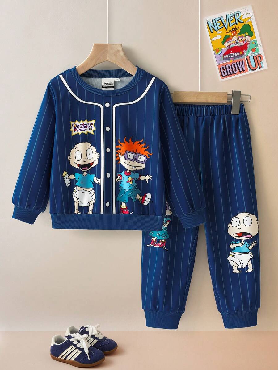 Nick 90s | SHEIN 2pcs/Set Young Boy Cute Cartoon Graphic Navy Casual Long Sleeve Crew Neck Sweatshirt And Pants Set - Blue - View 1