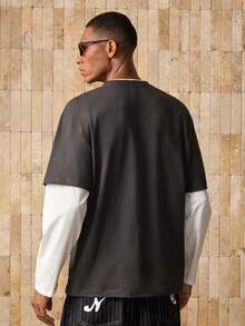 Manfinity Unisex 男士针织休闲日常年轻一代英文文字印花拼接宽松长袖T恤，夏季，学校，秋季 - 灰色 - 查看 6