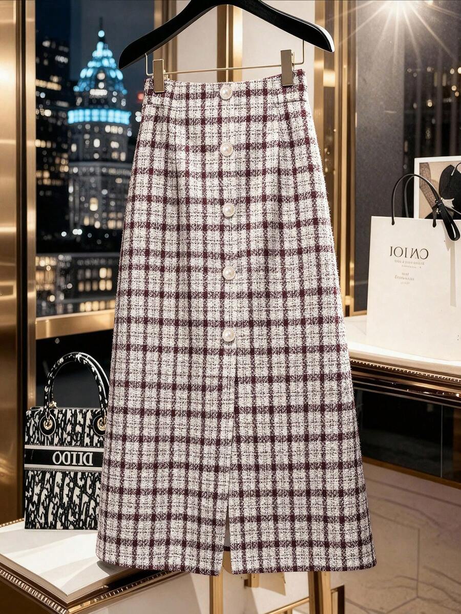 GlowEve CURVE Plus Size Women's Spring Floral Print Button Decor Front Slit Elegant Skirt, Suitable For Autumn/Winter Commuting And Outings - Red Violet - View 1