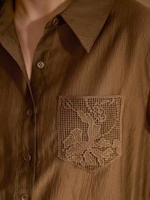MOTF PREMIUM CONTRAST GUIPURE LACE PATCHED POCKET SHIRT - Brown - View 2