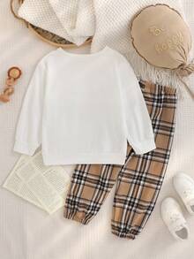 SHEIN 男婴休闲宽松圆领可爱卡通小狗印花长袖针织卫衣+宽松格子裤两件套，秋冬款 - 黑色 - 查看 2