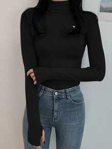 DAZY Áo thun nữ cổ lọ bó sát lót nhiệt - màu đen - Xem 3